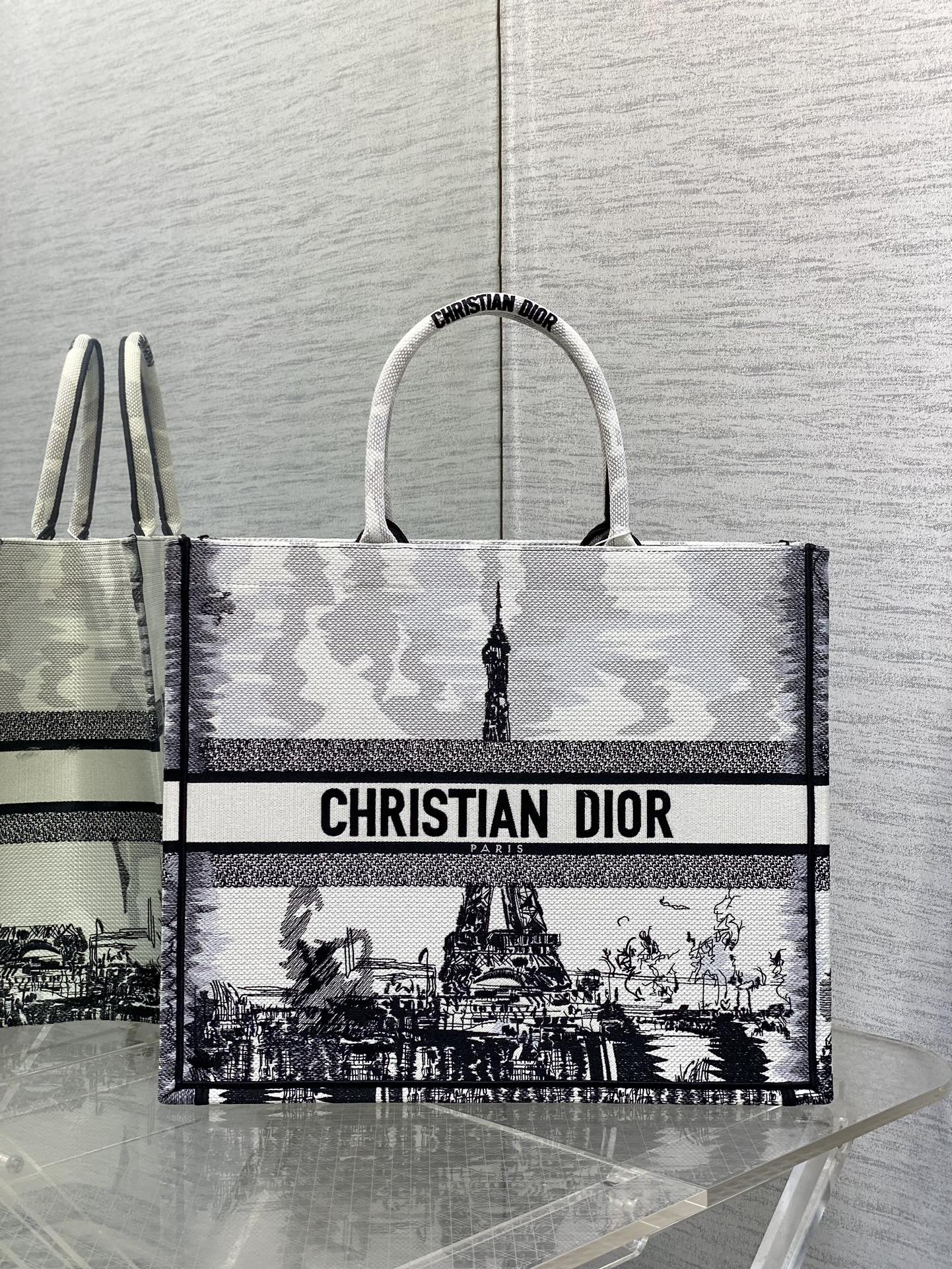 Large Dior Book Tote Bag White and Black Paris Embroidery